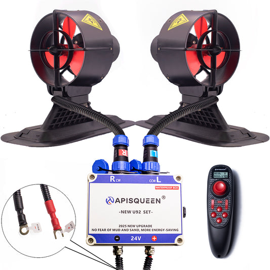 APISQUEEN New 24V Two U92 Pro Underwater Thruster Set comes with a remote control and has anti-sand and anti-silt functions, for kayaks, inflatable boats, paddle boards.