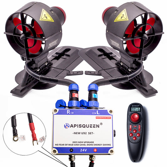 APISQUEEN New 24V Two U92 Pro Underwater Thruster Set comes with a remote control and has anti-sand and anti-silt functions, for kayaks, inflatable boats, paddle boards.